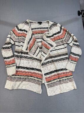 AB Studio Striped Open-Front Cardigan in Cream, Coral and Black XL